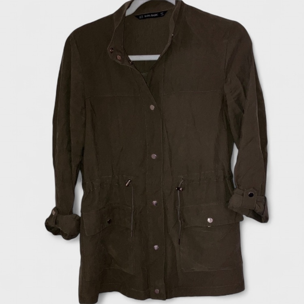 Zara Basics Tab  Sleeves Olive Green Drawstring Waist Shirt Jacket Women’s Sz XS